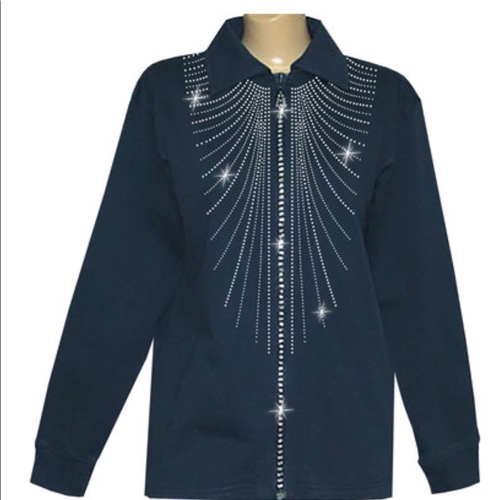 Navy Decorated Zipper Cardigan with Collar